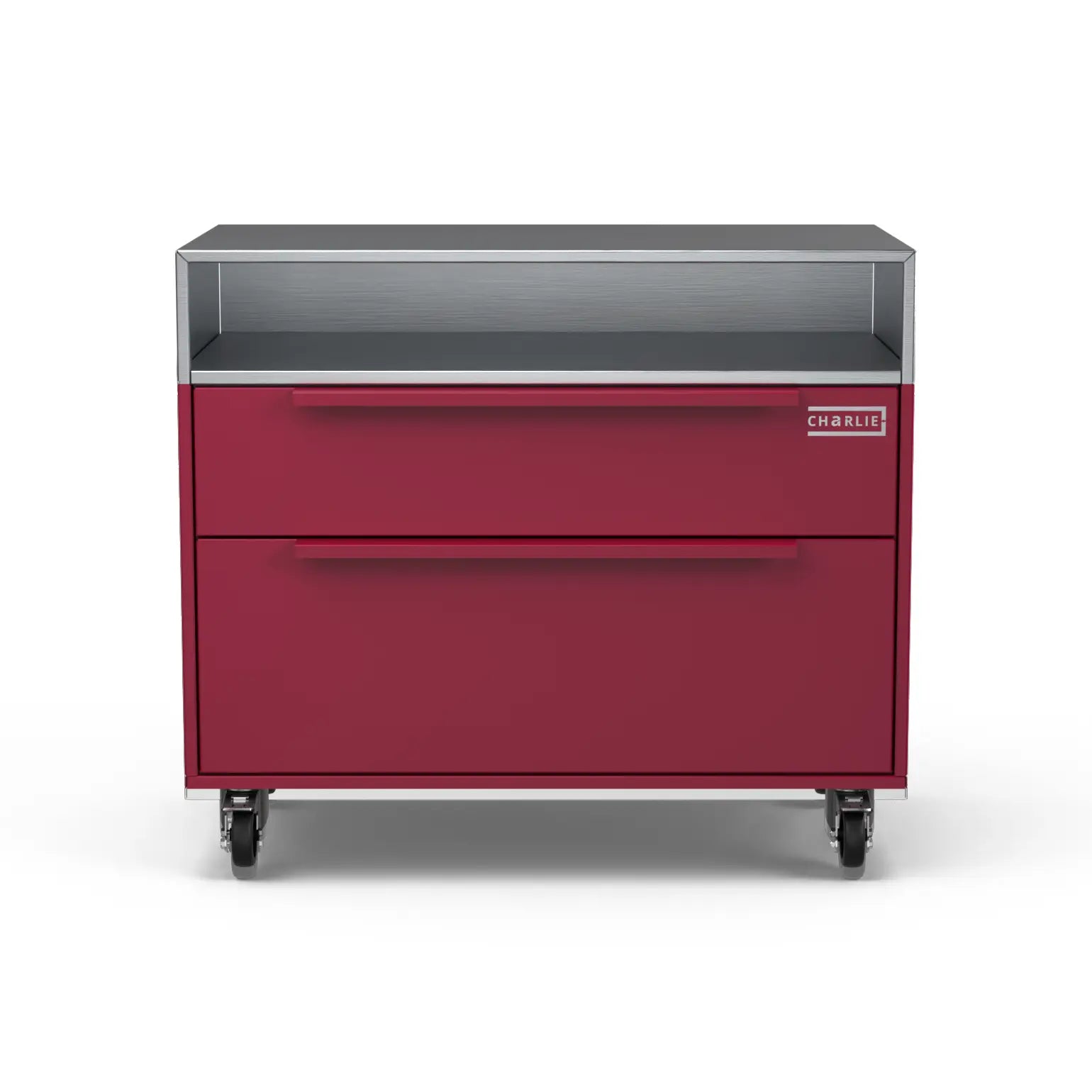 Front view of the Two Drawer Base Cabinet in rhubarb pink