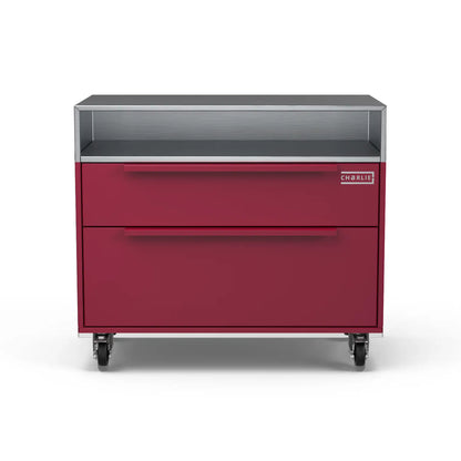 Front view of the Two Drawer Base Cabinet in rhubarb pink