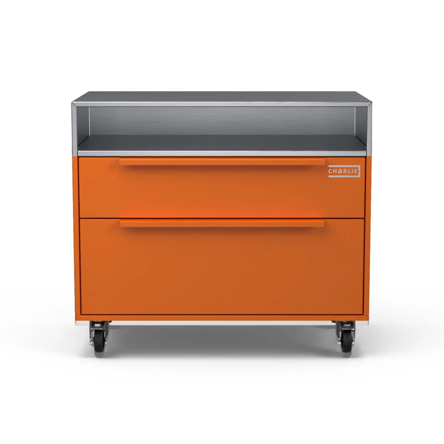 Two Drawer Base Cabinet in saffron yellow, front facing view