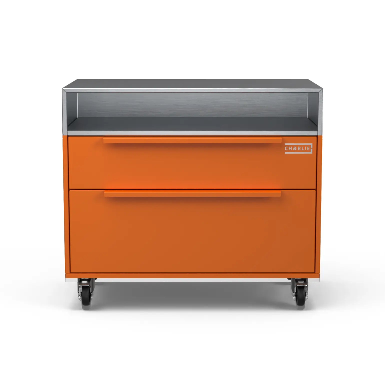 Two Drawer Base Cabinet in saffron yellow, front facing view
