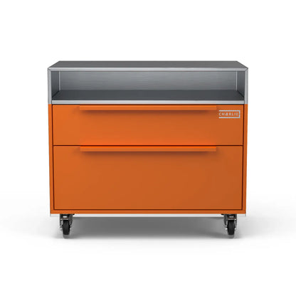 Two Drawer Base Cabinet in saffron yellow, front facing view
