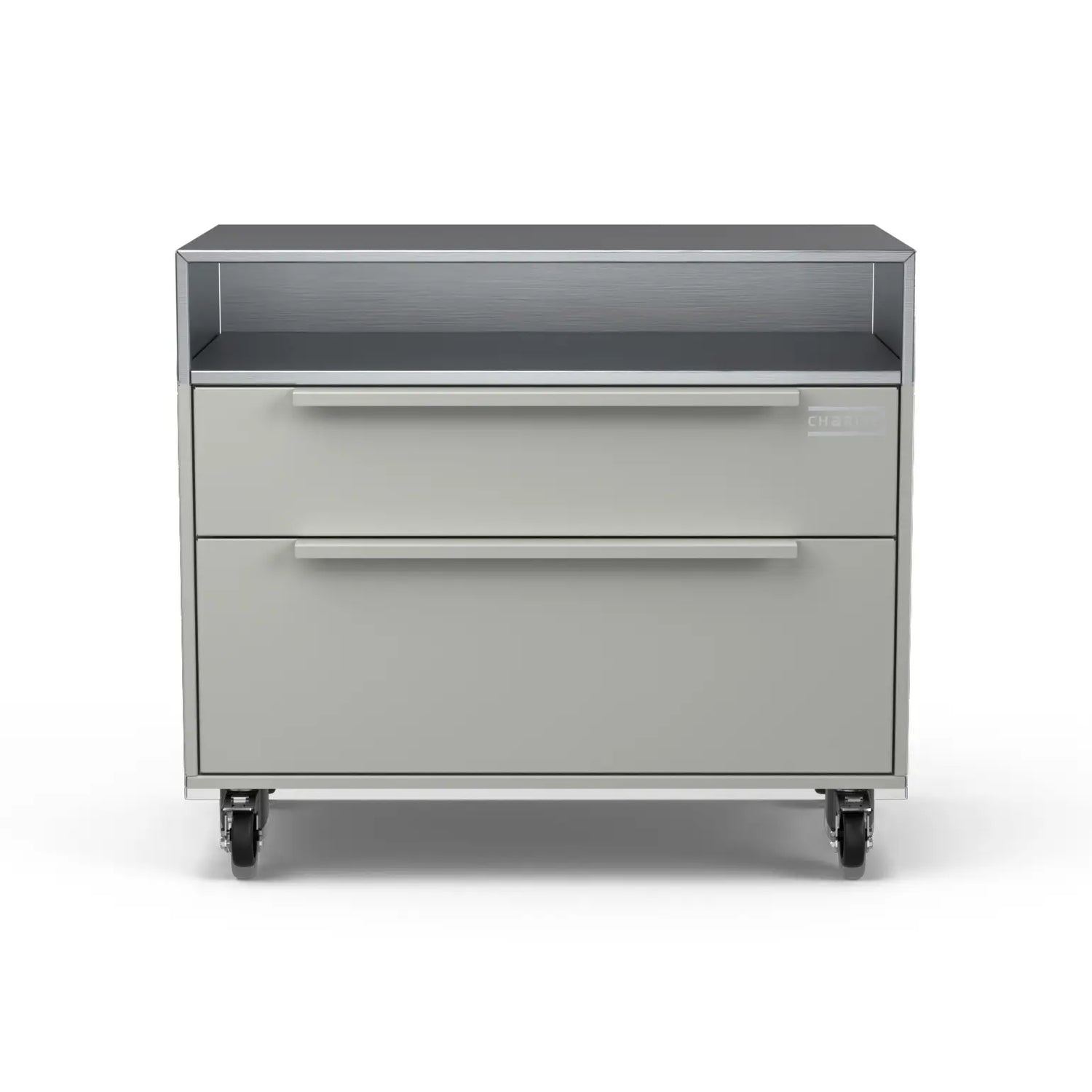 Front view of the Two Drawer Base Cabinet in truffle grey
