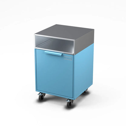 Drawer Cabinet in blue marlin, angled view showing the cabinet front and side