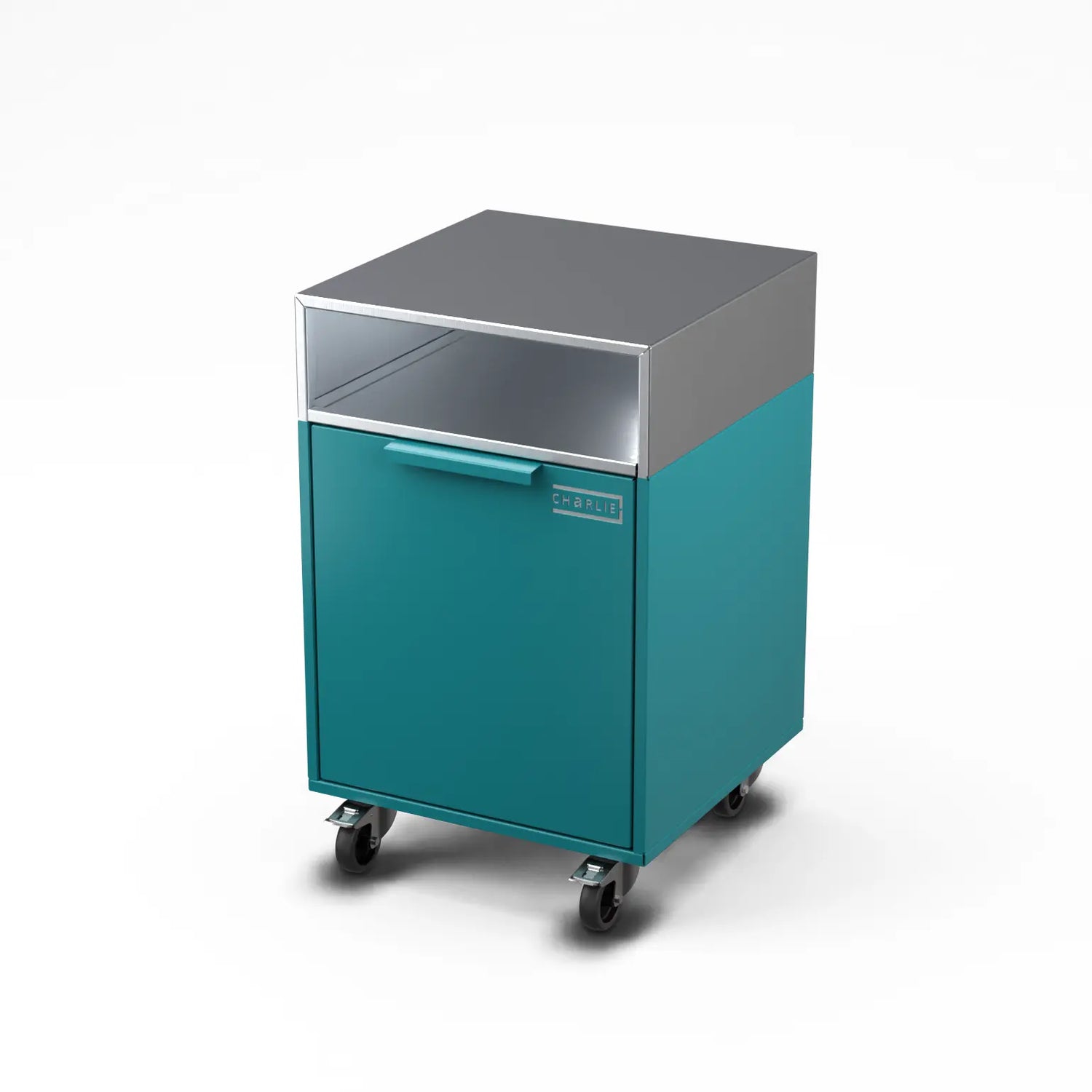Drawer Cabinet in teal duck blue, angled view of the cabinet