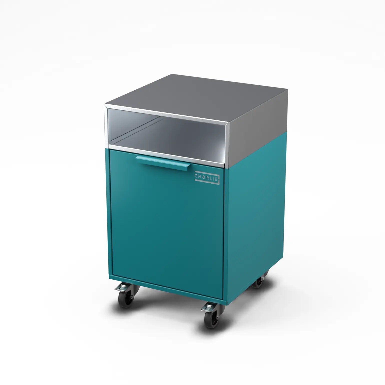 Drawer Cabinet in teal duck blue, angled view of the cabinet