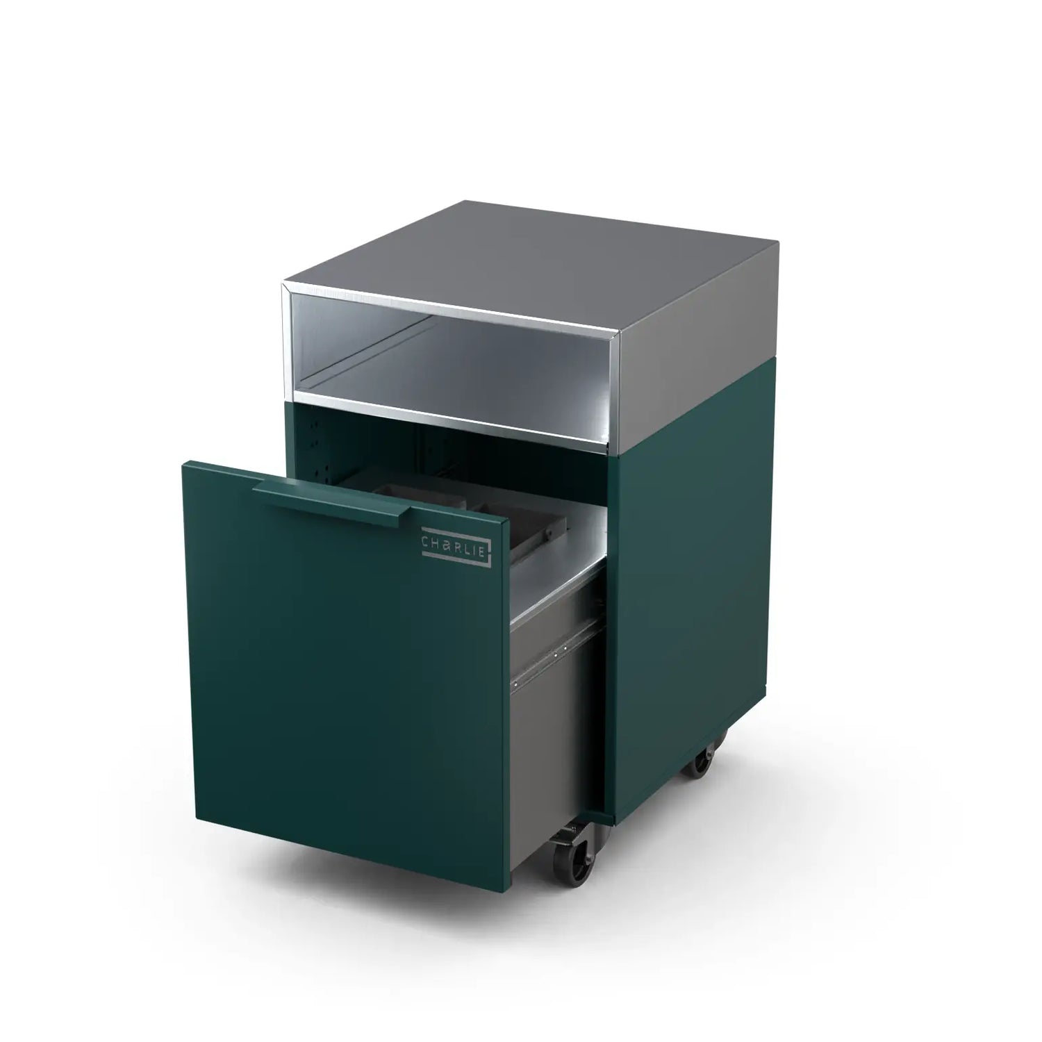 Drawer cabinet with bin, door open showing storage
