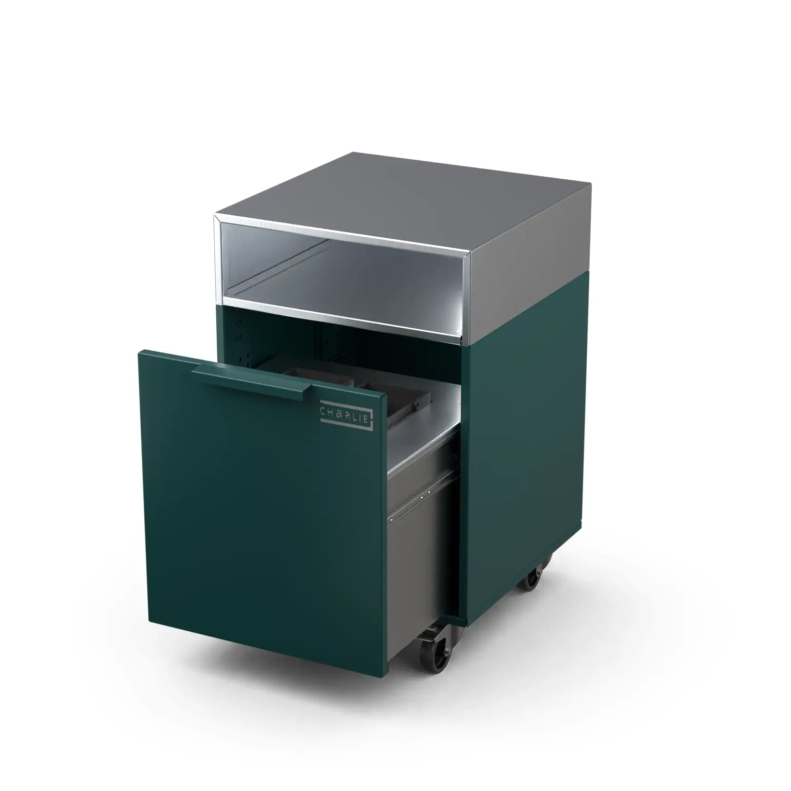 Drawer cabinet with bin, door open showing storage