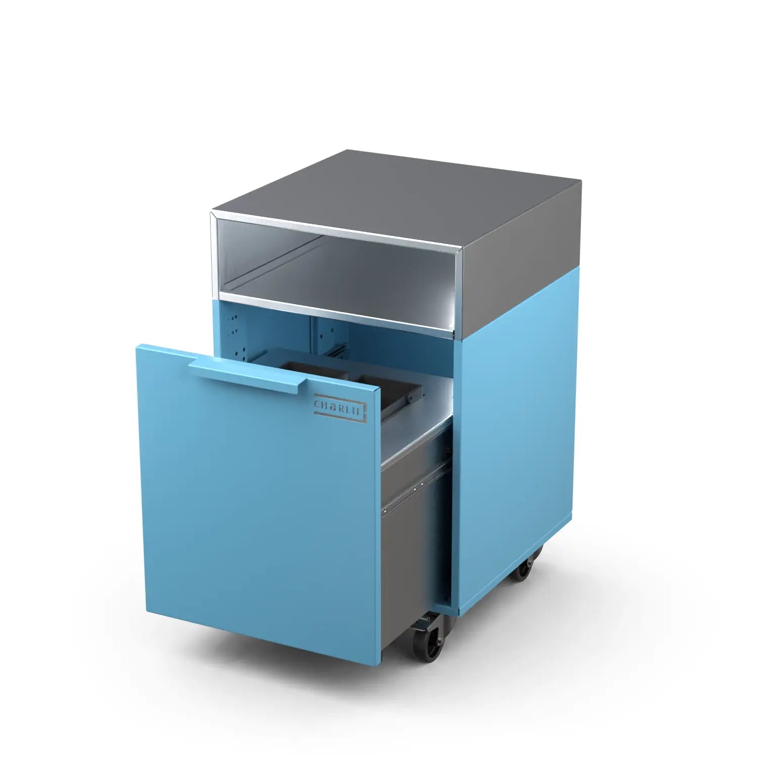 Drawer cabinet with bin, door open showing storage