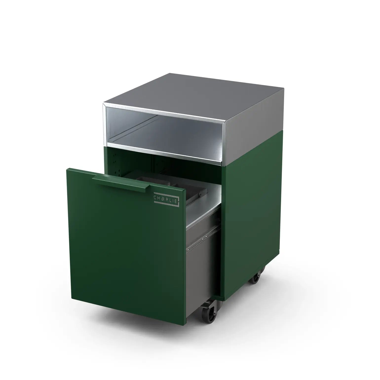 Drawer cabinet with bin, door open showing storage