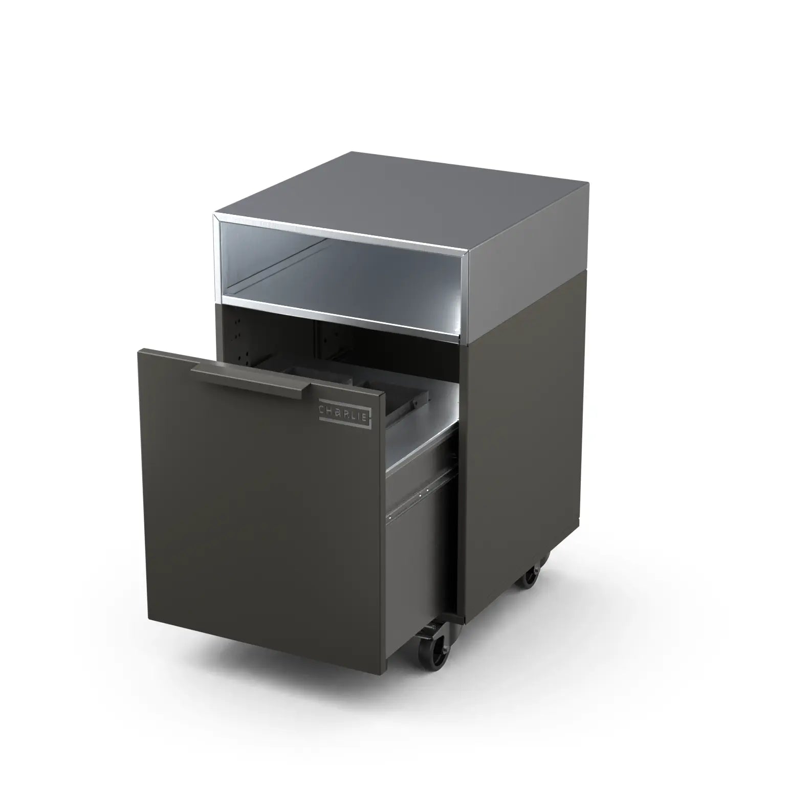 Drawer cabinet with bin, door open showing storage