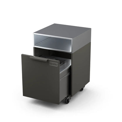 Drawer cabinet with bin, door open showing storage