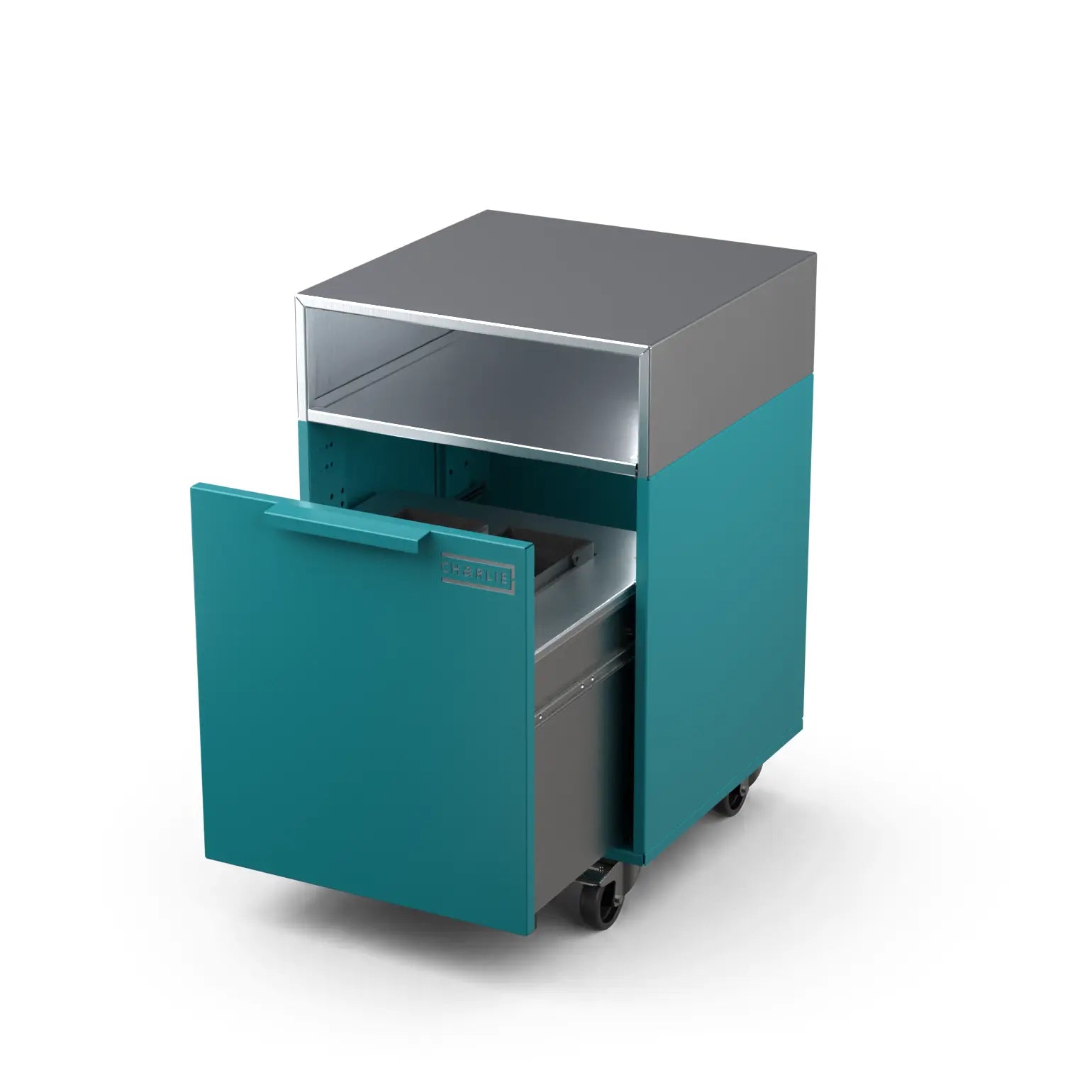 Drawer cabinet with bin, door open showing storage