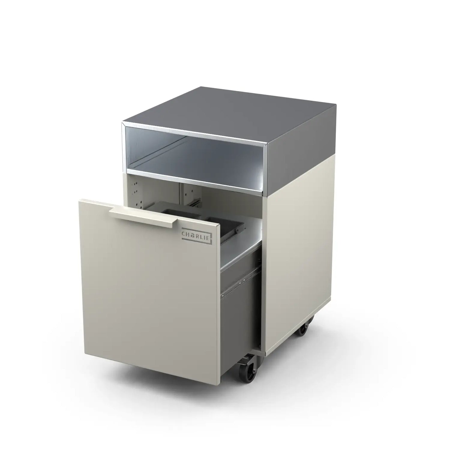 Drawer cabinet with bin, door open showing storage