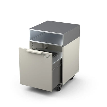 Drawer cabinet with bin, door open showing storage