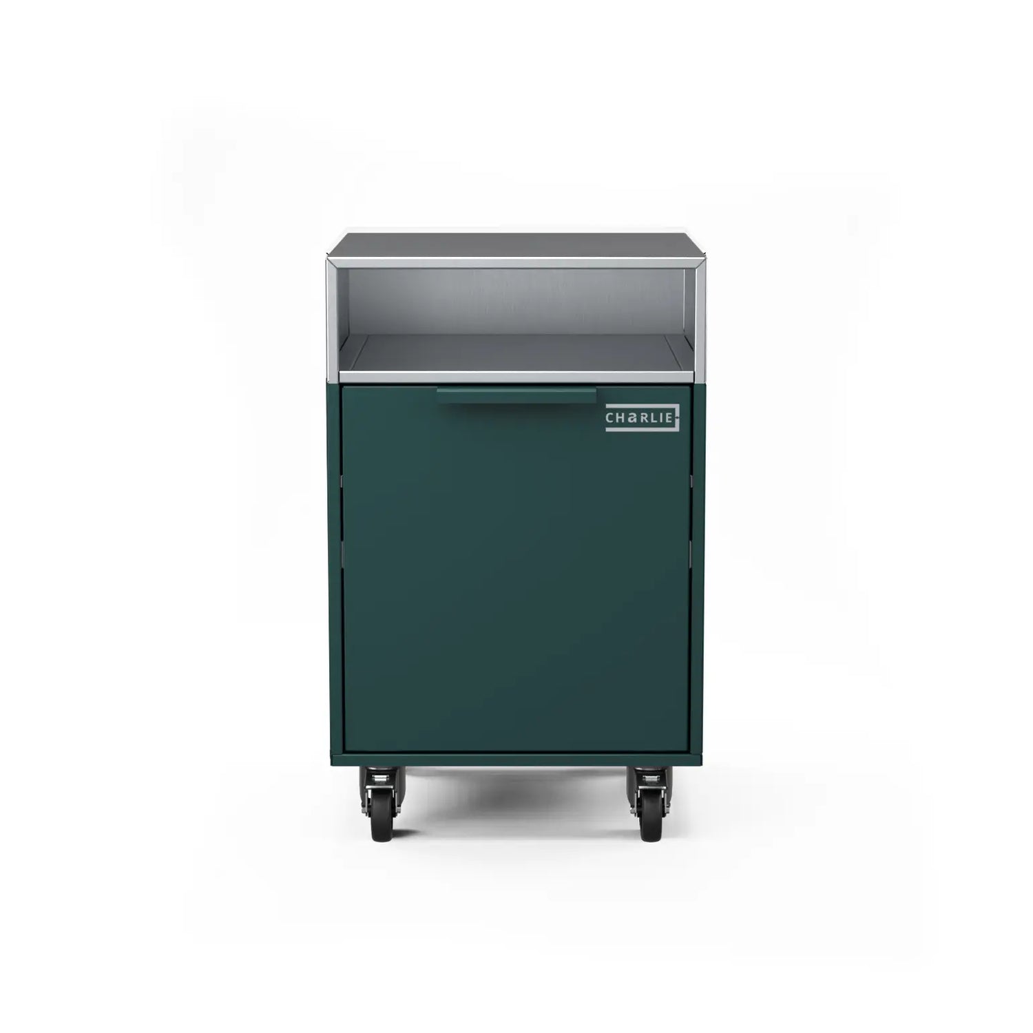 Drawer cabinet with bin, straight-on view