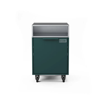 Drawer cabinet with bin, straight-on view