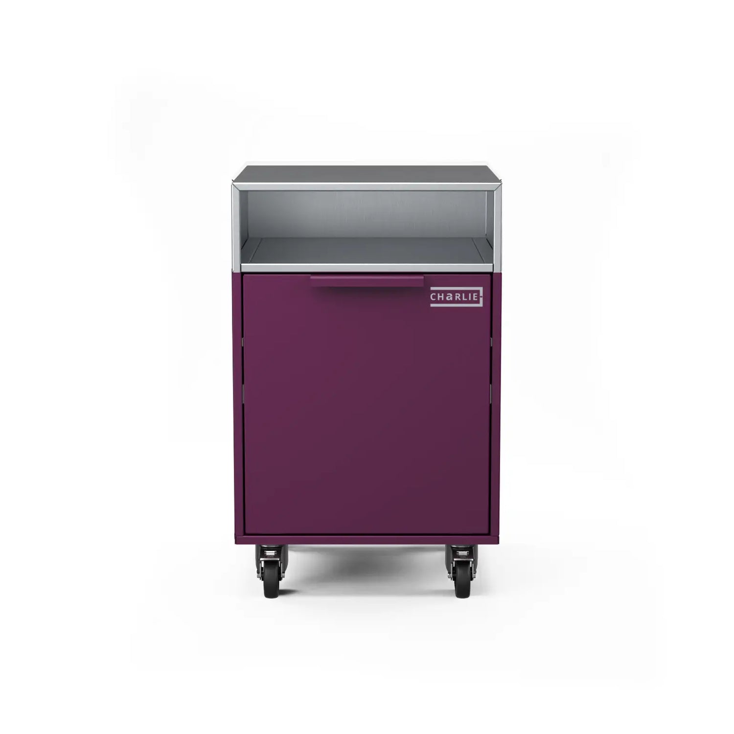 Drawer cabinet with bin, straight-on view