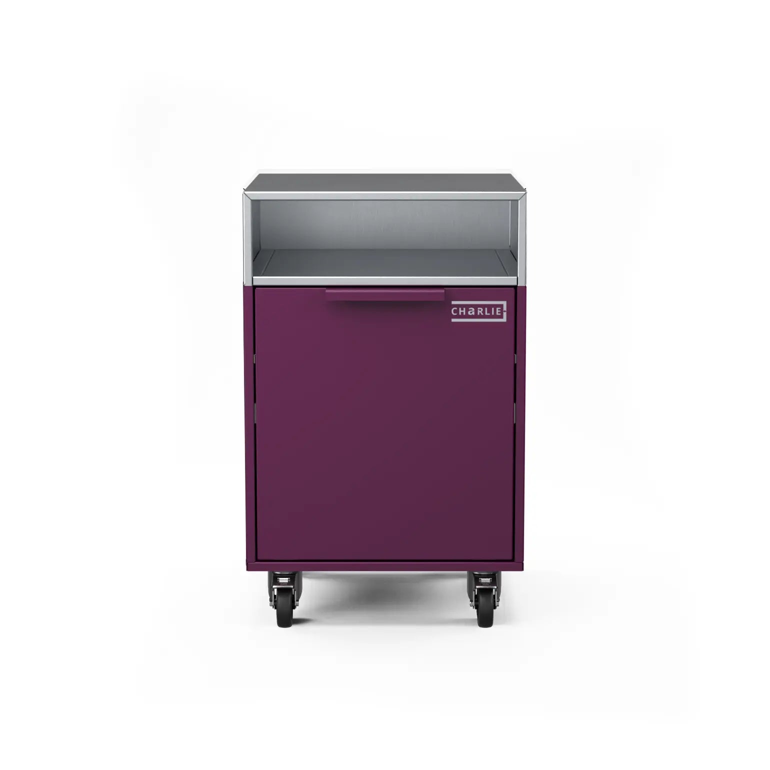 Drawer cabinet with bin, straight-on view