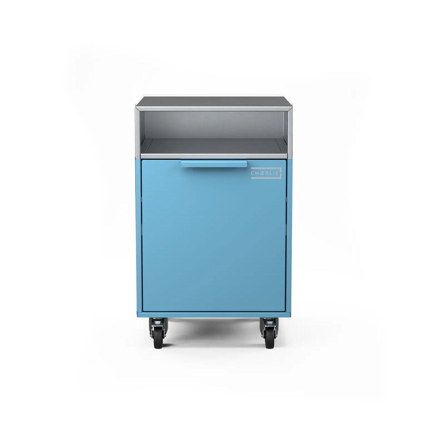 Drawer cabinet with bin, straight-on view