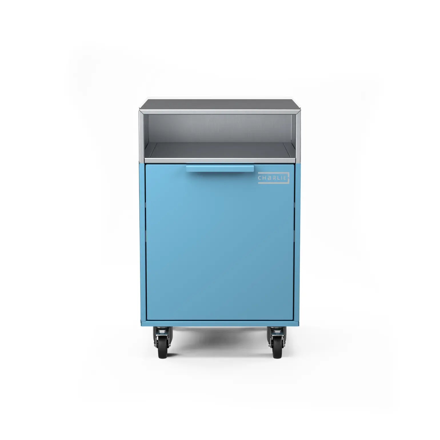 Drawer cabinet with bin, straight-on view