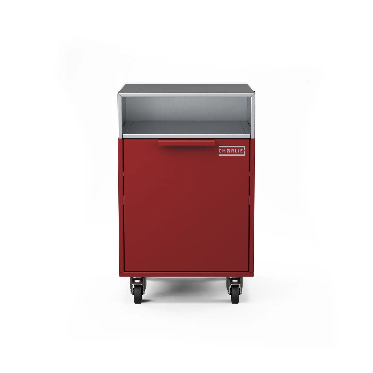 Drawer cabinet with bin, straight-on view