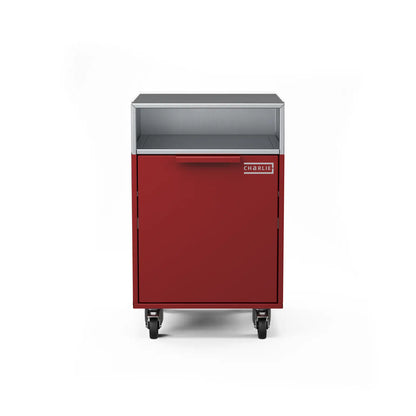 Drawer cabinet with bin, straight-on view