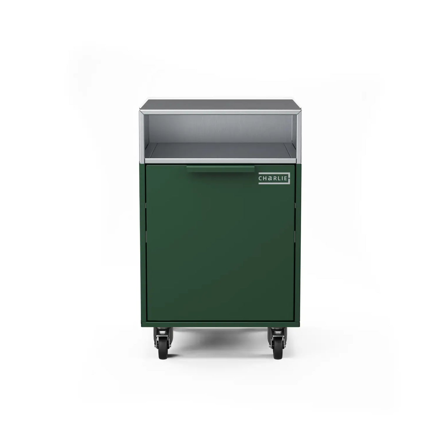 Drawer cabinet with bin, straight-on view
