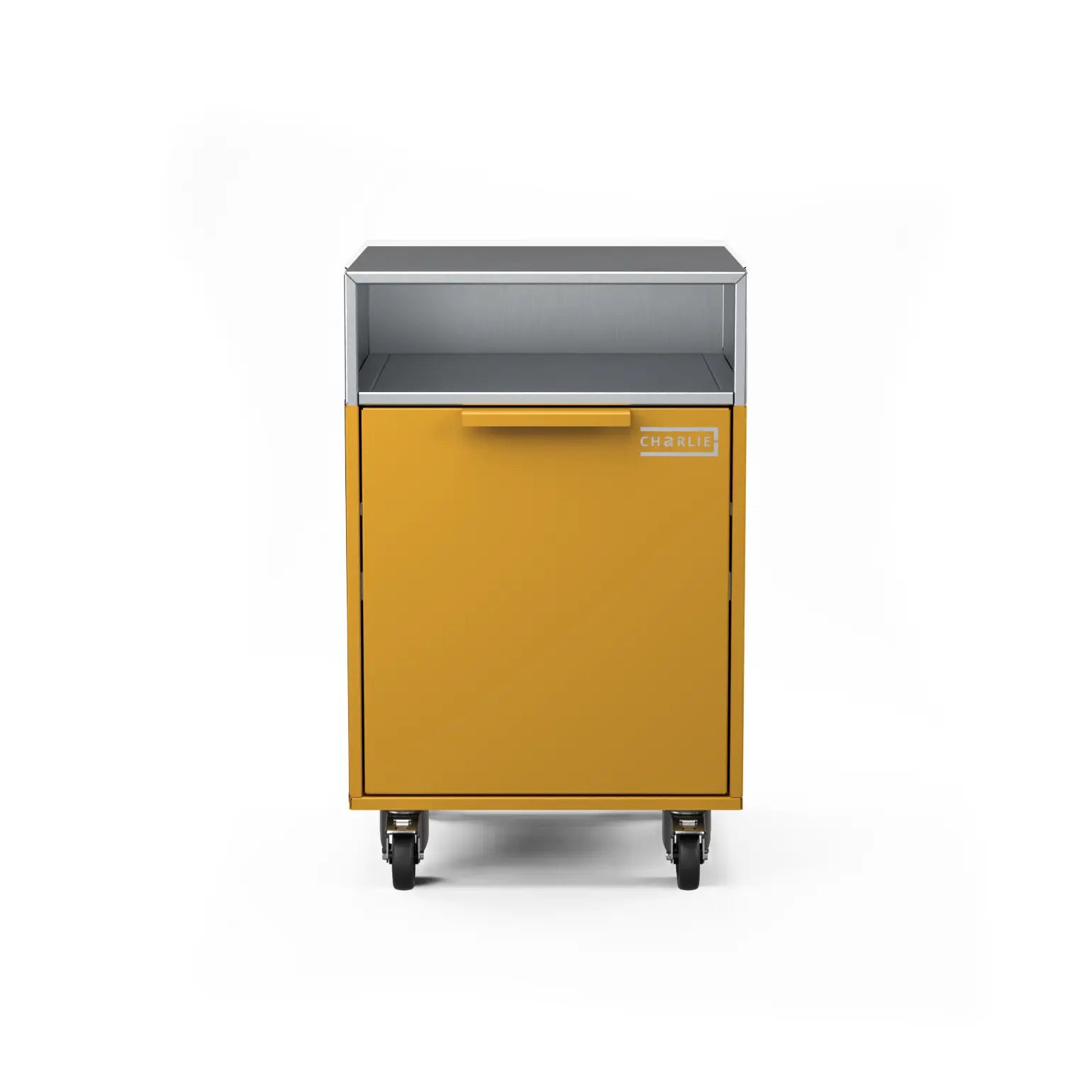 Drawer cabinet with bin, straight-on view