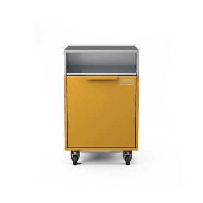 Drawer cabinet with bin, straight-on view