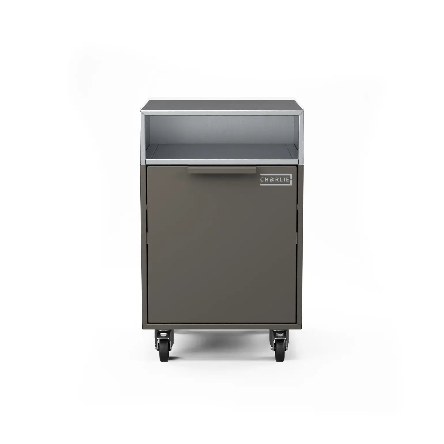 Drawer cabinet with bin, straight-on view