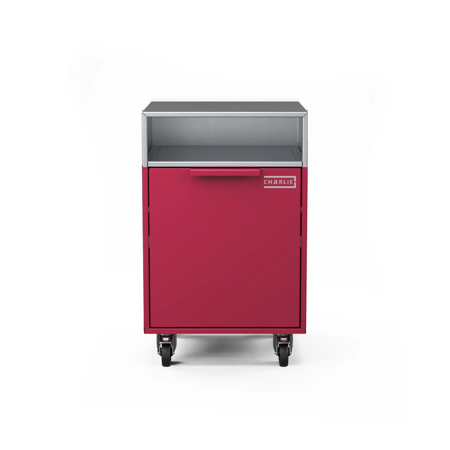 Drawer cabinet with bin, straight-on view