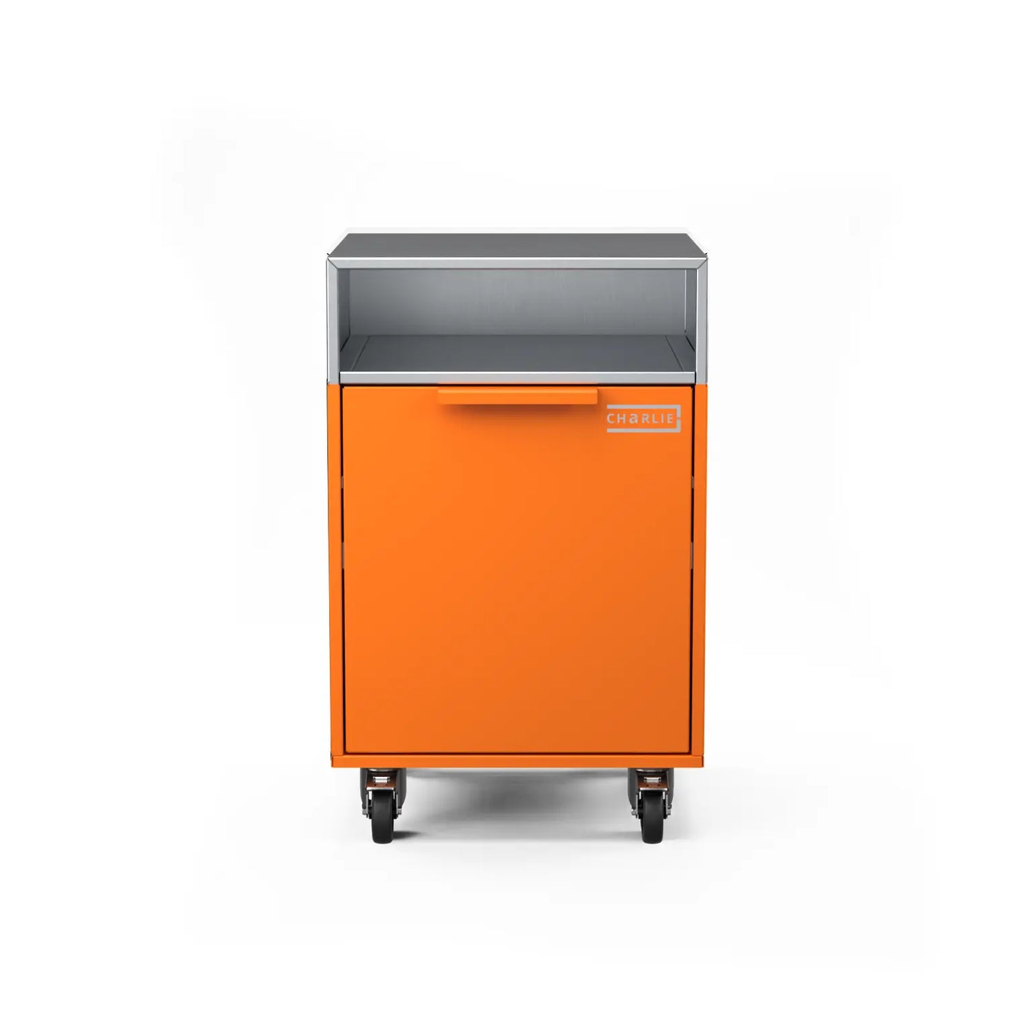 Drawer cabinet with bin, straight-on view