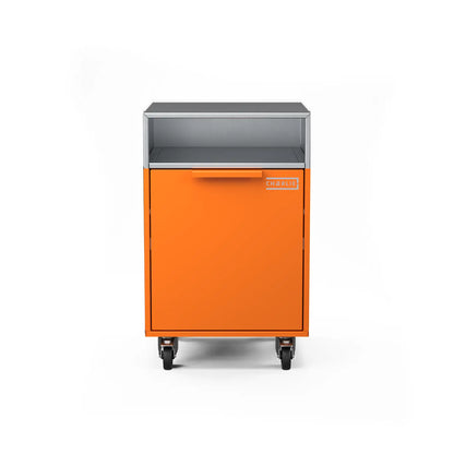 Drawer cabinet with bin, straight-on view