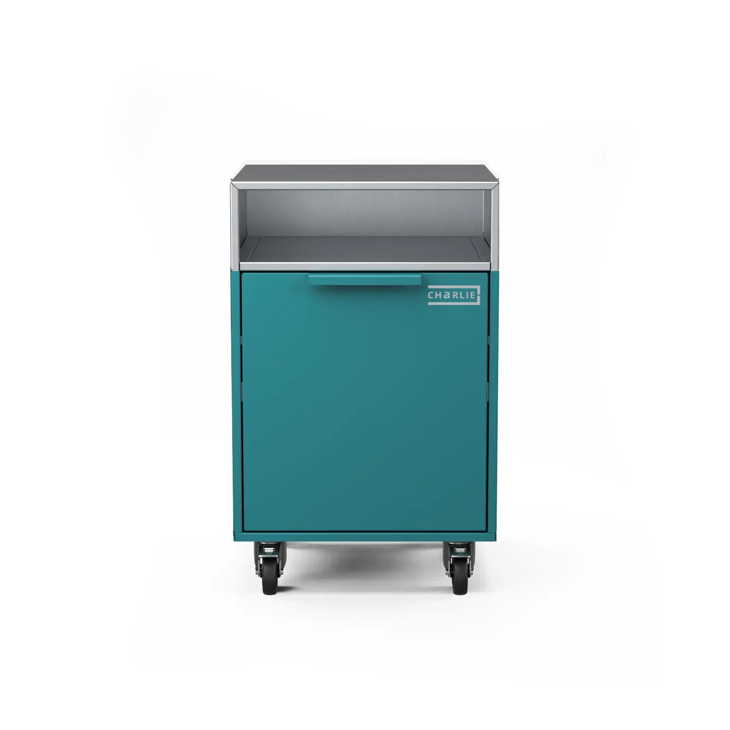 Drawer cabinet with bin, straight-on view