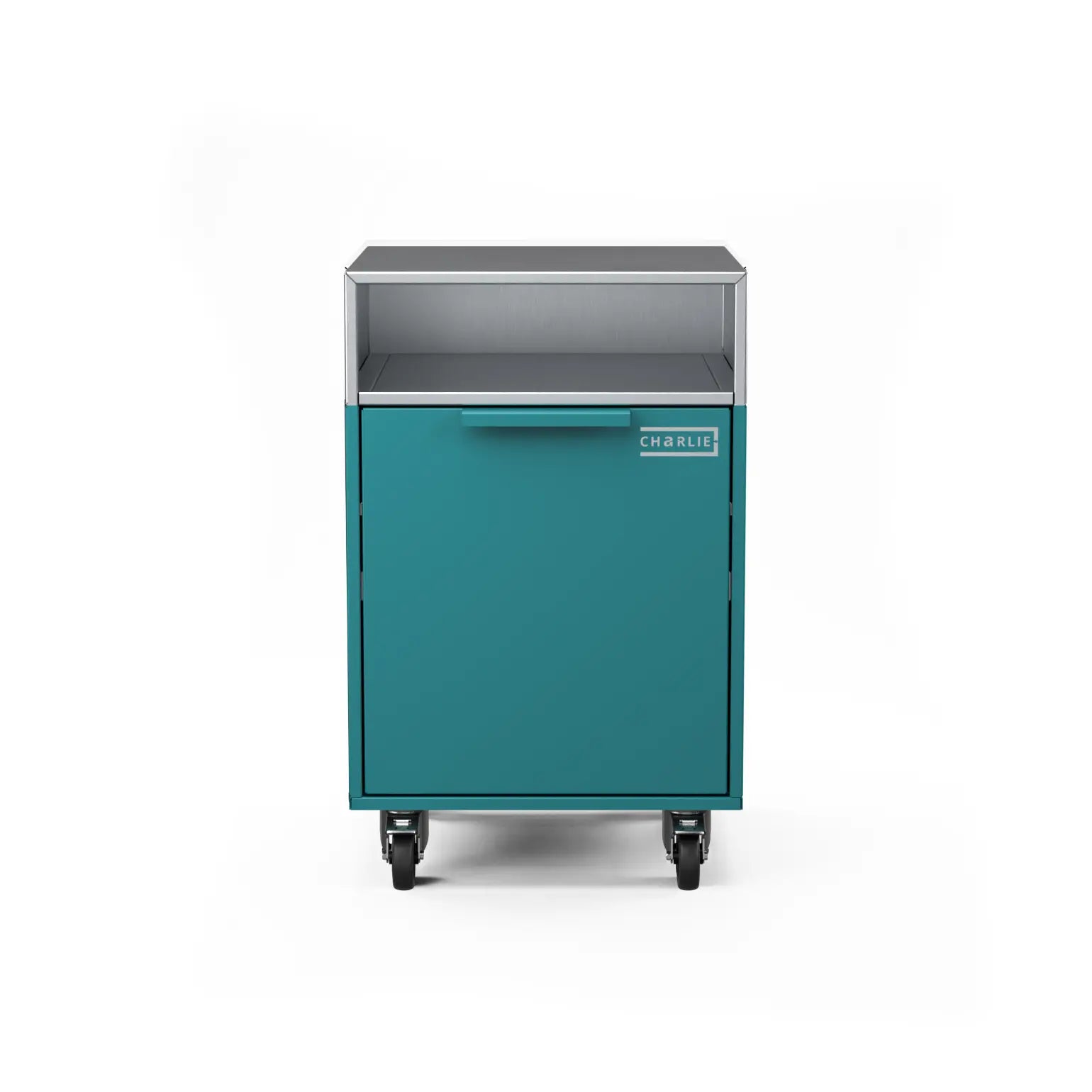 Drawer cabinet with bin, straight-on view