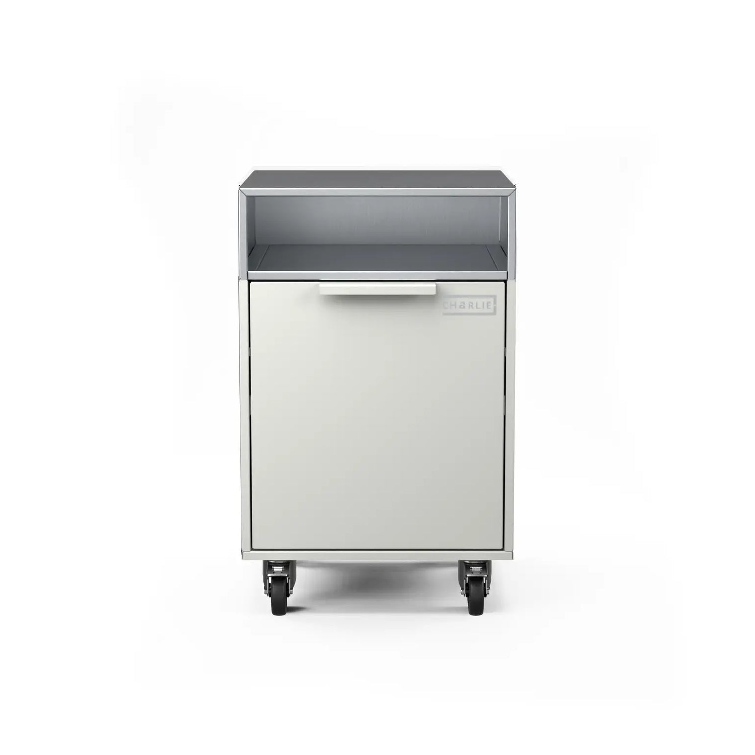 Drawer cabinet with bin, straight-on view