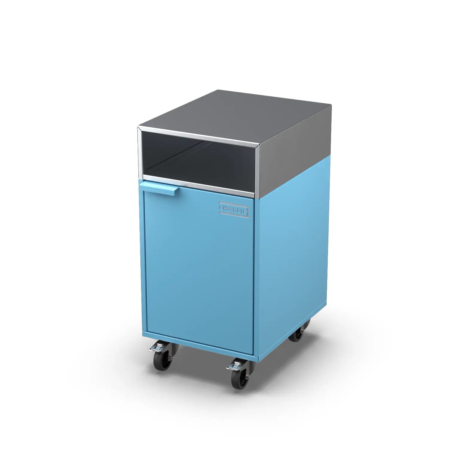 Accessory Cabinet in blue marlin, angled three-quarter view