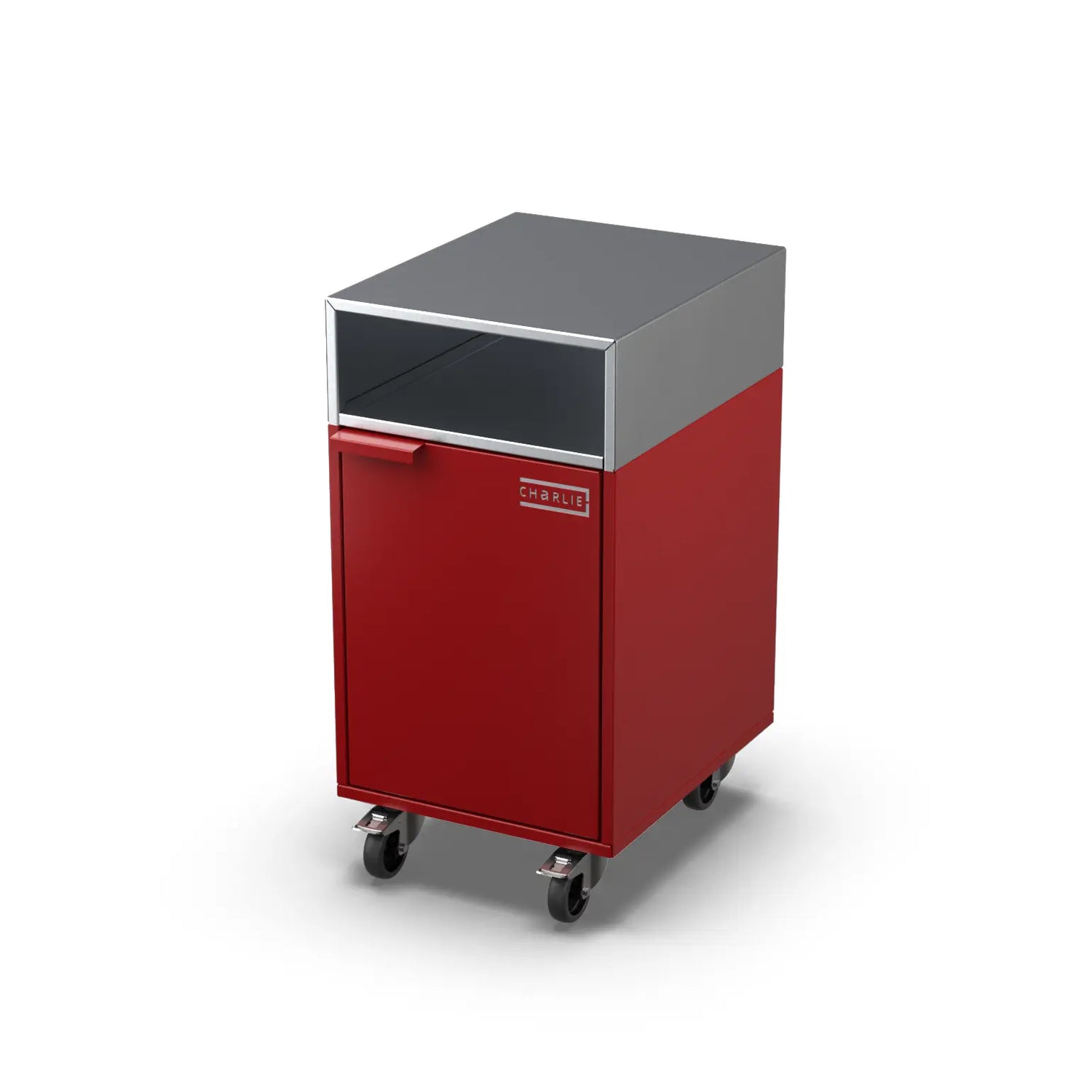 Accessory Cabinet in dark cherry red, angled three-quarter view