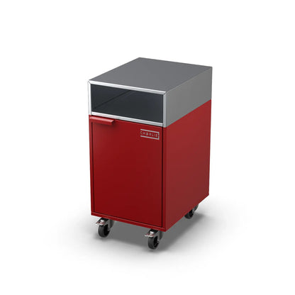Accessory Cabinet in dark cherry red, angled three-quarter view