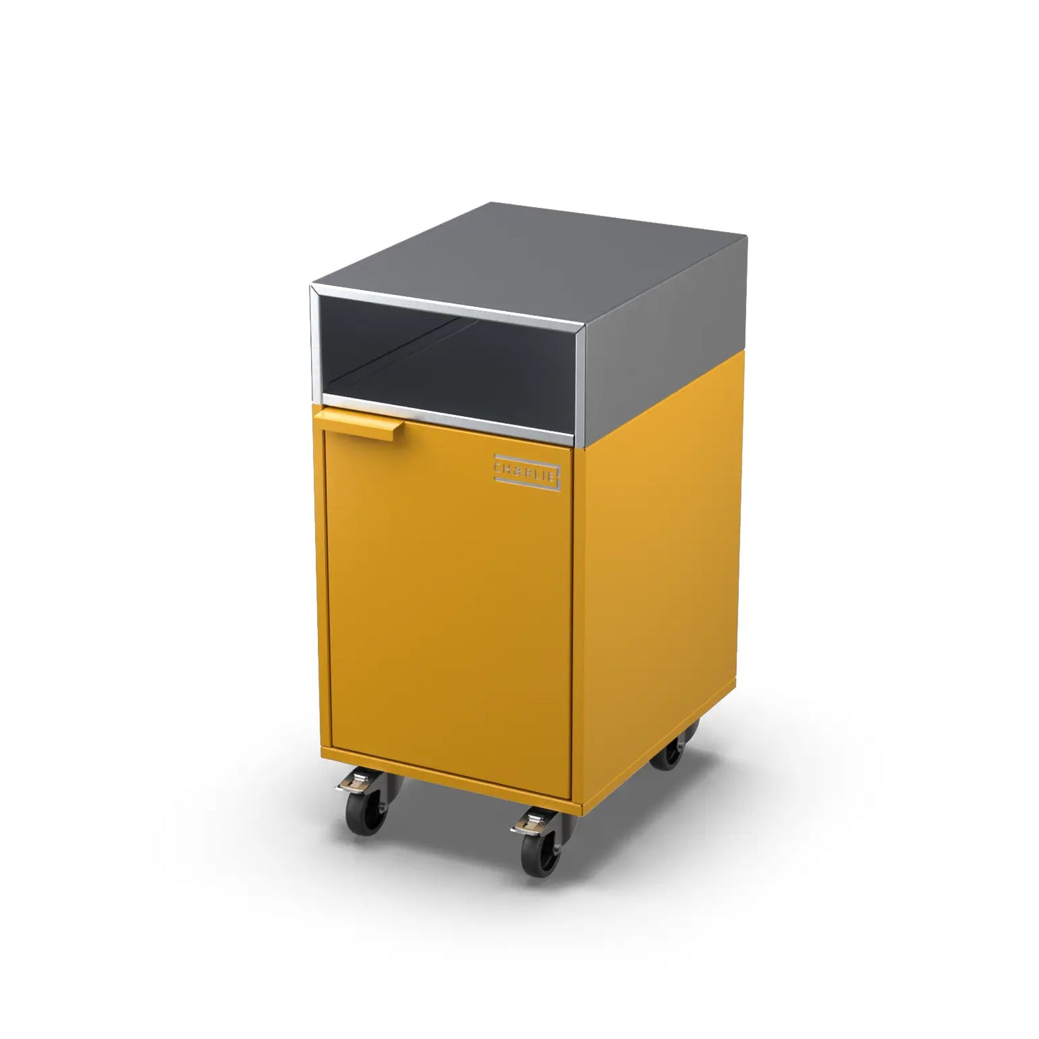 Accessory Cabinet in honeycomb yellow, angled three-quarter view