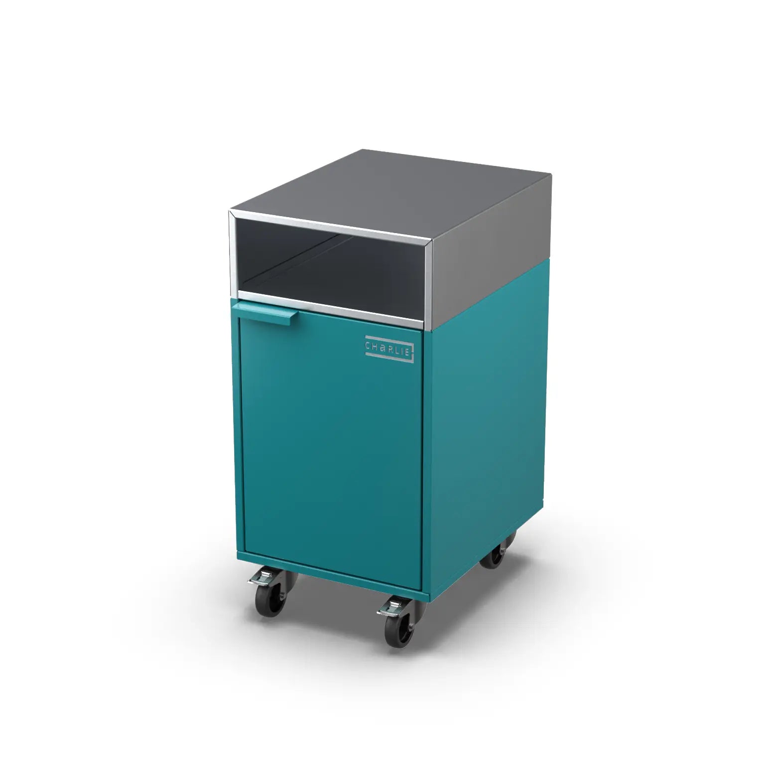 Accessory Cabinet in teal duck blue, angled three-quarter view