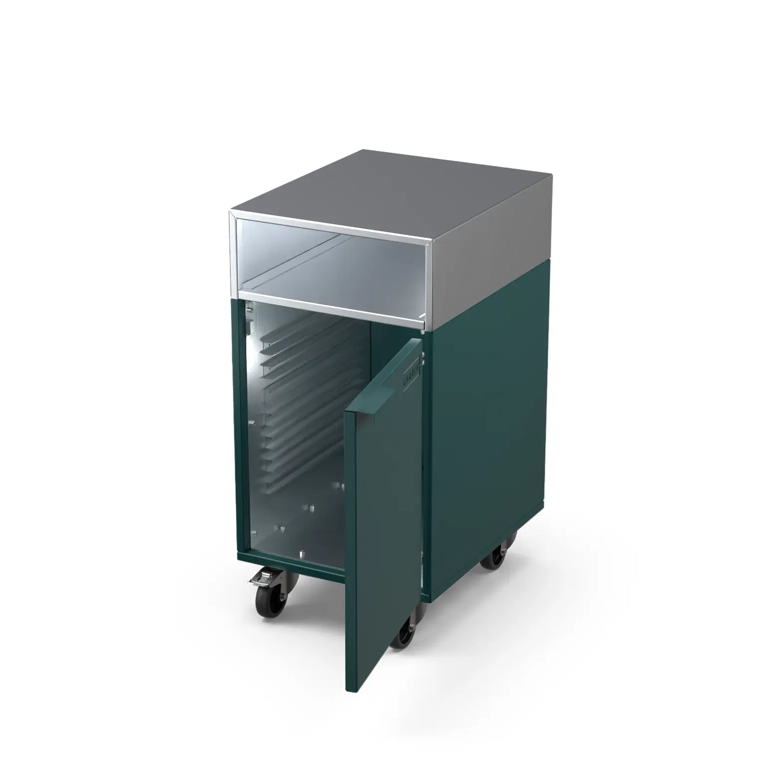 Accessory Cabinet in agave green with the door open showing storage