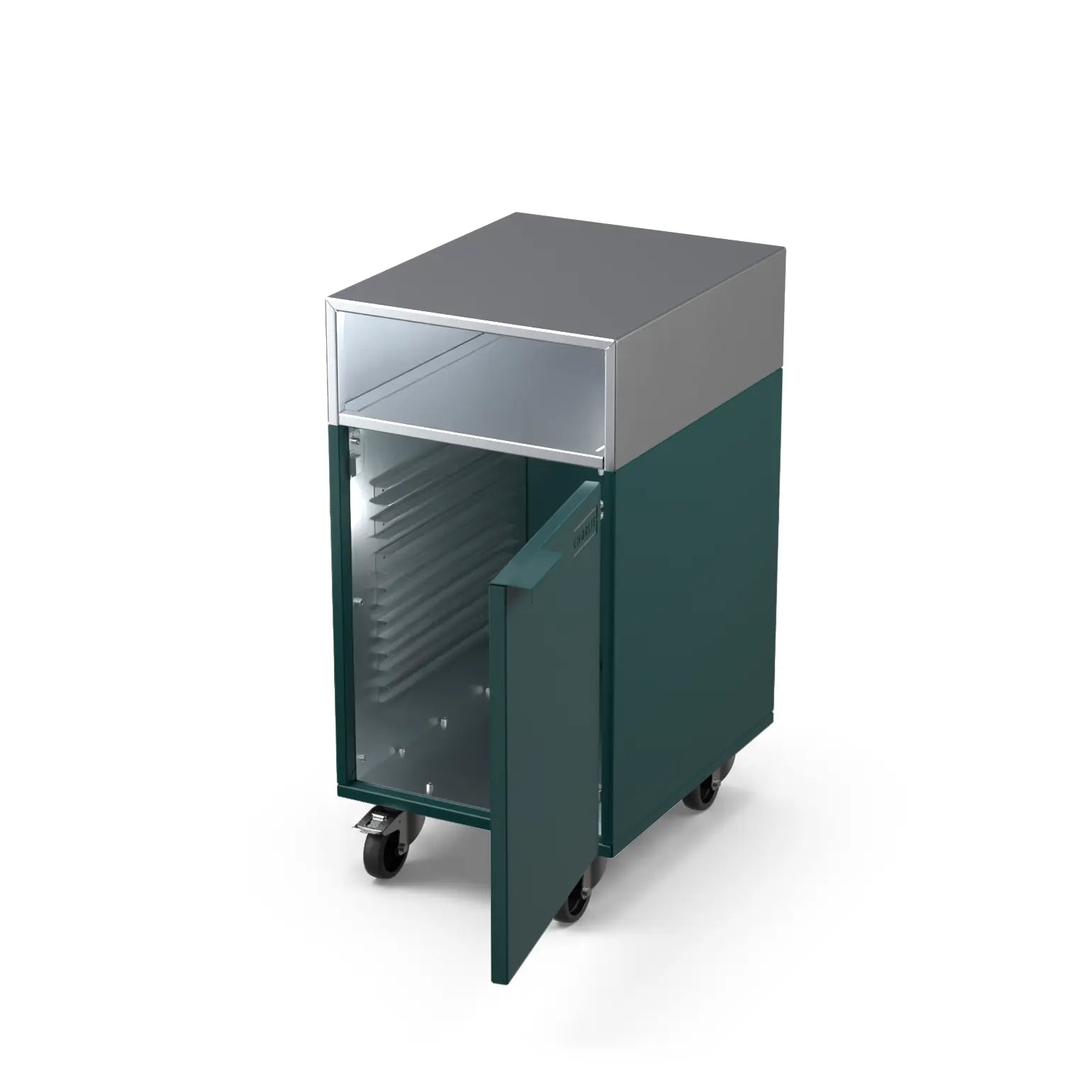 Accessory Cabinet in agave green with the door open showing storage