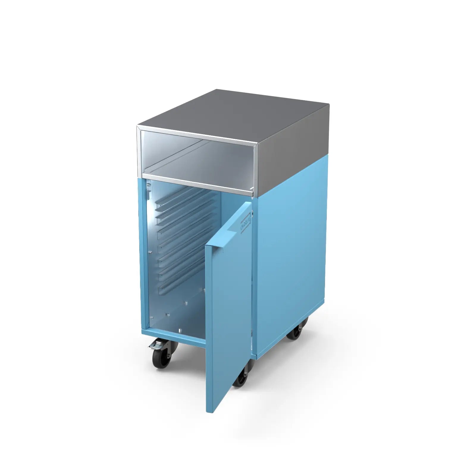 Accessory Cabinet in blue marlin with the door open showing storage