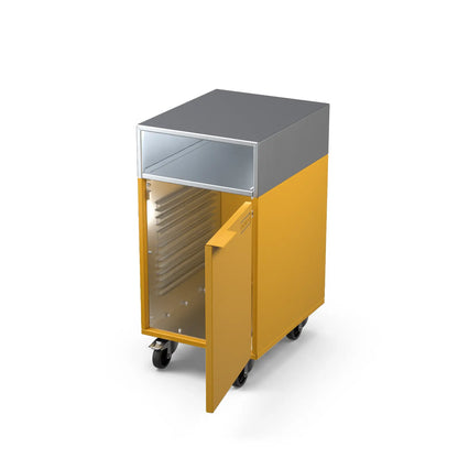 Accessory Cabinet in honeycomb yellow with the door open showing storage