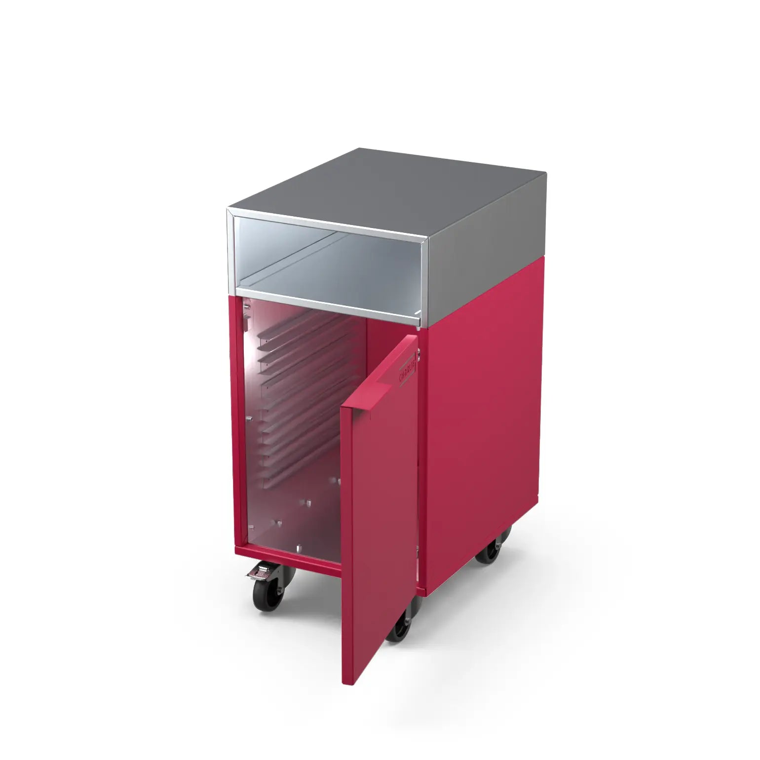 Accessory Cabinet in rhubarb pink with the door open showing storage