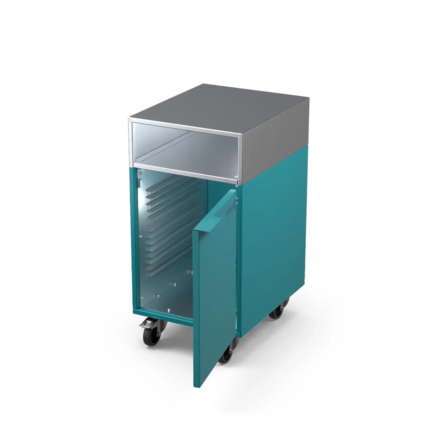 Accessory Cabinet in teal duck blue with the door open showing storage