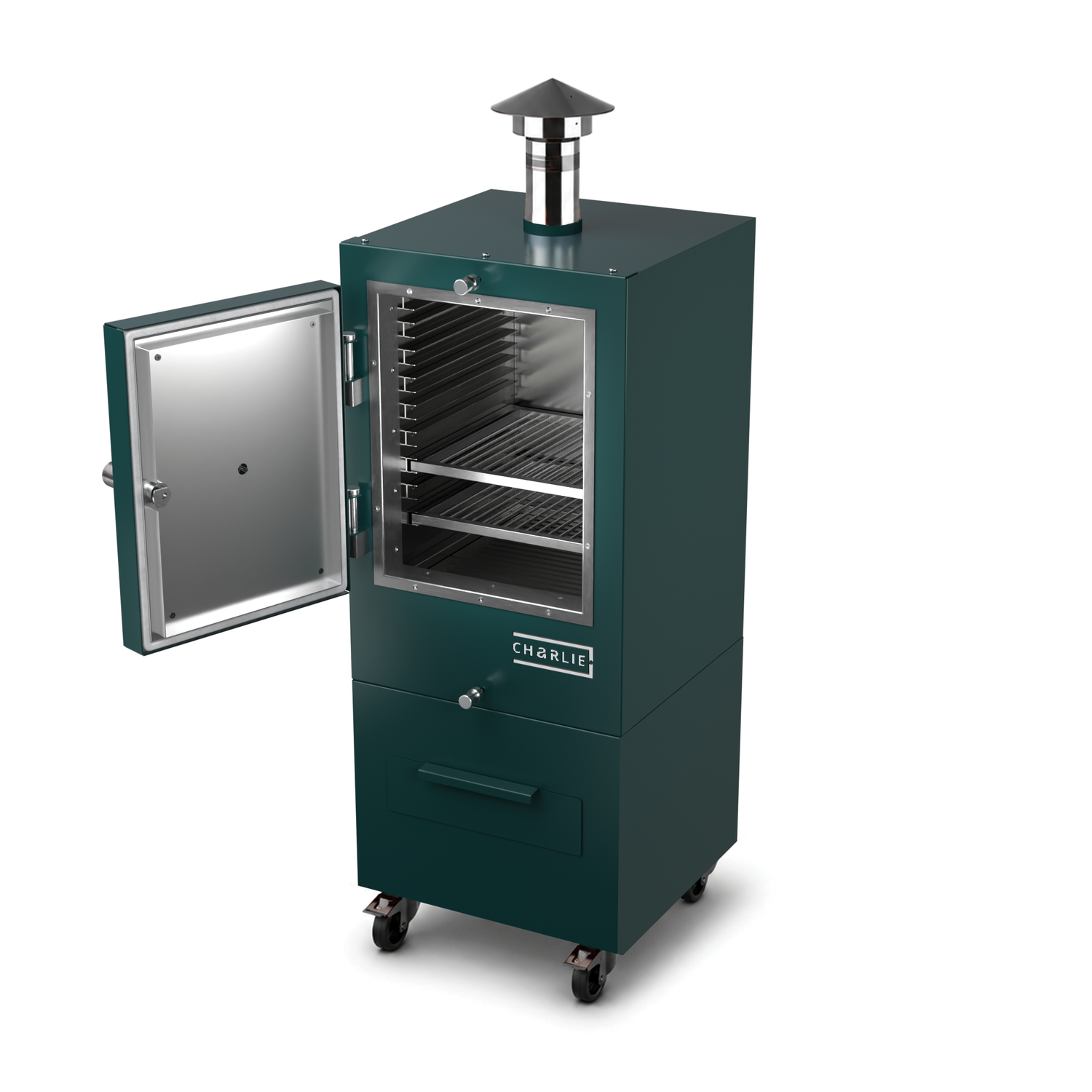 Charlie Charcoal Oven in agave green, angled view with the door open 