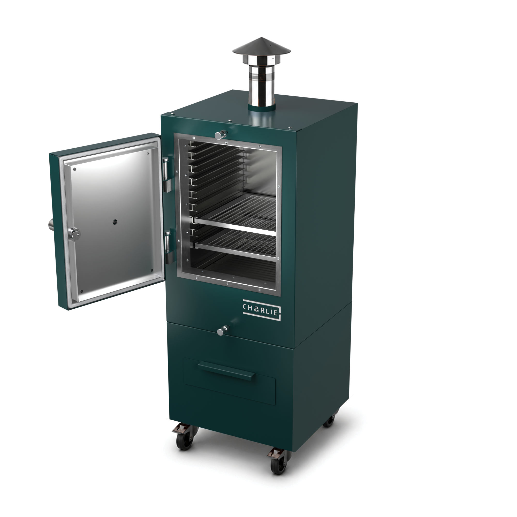 Charlie Charcoal Oven in agave green, angled view with the door open 