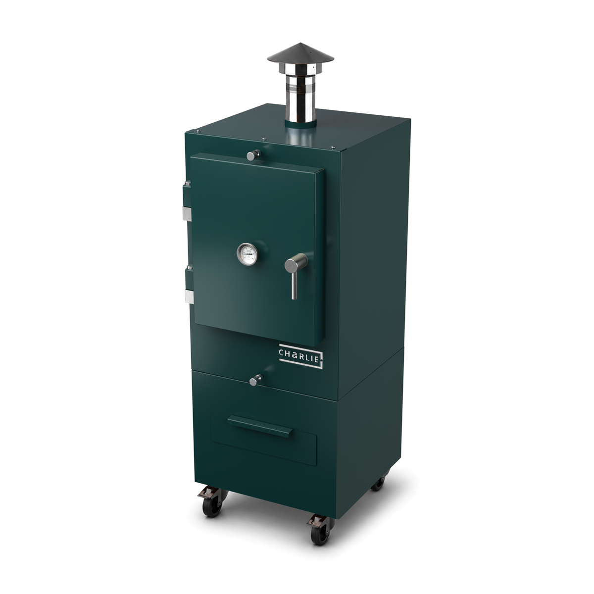 Charlie Charcoal Oven in agave green, angled view with the door closed 
